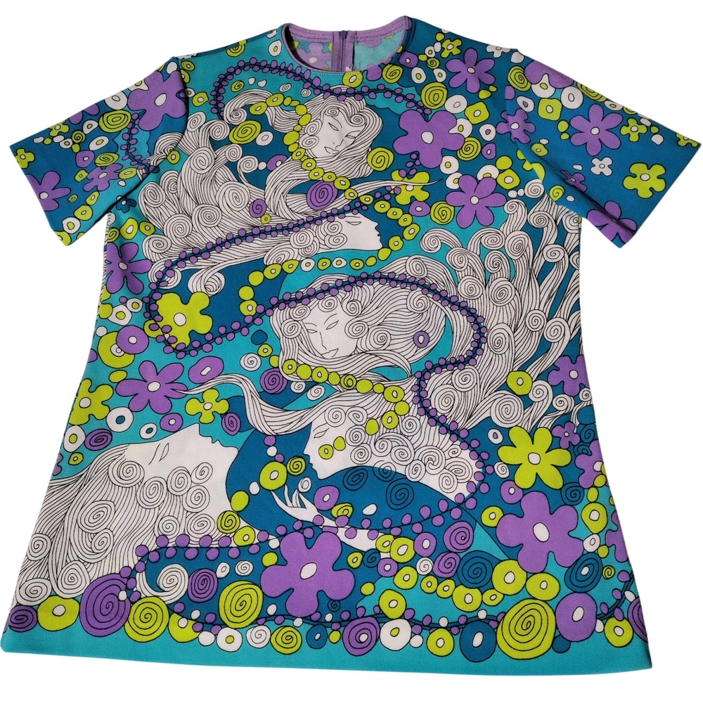 Mod Psychedelic Art Nouveau Shirt Blue Purple Green 60s 70s Hidden Faces Sz S (?
